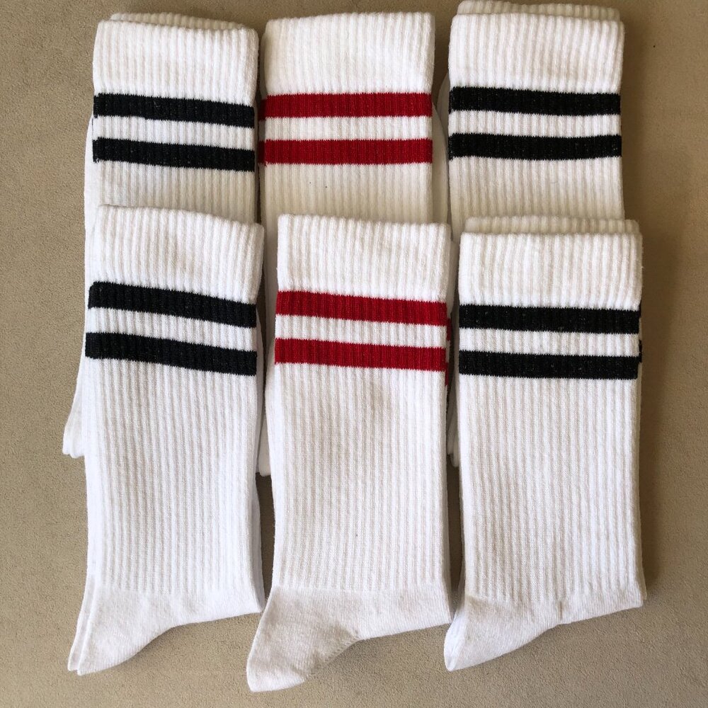 NEW 6 Pack Men’s White Sports Socks, Bulk Sale Men Athletic Socks with Stripes